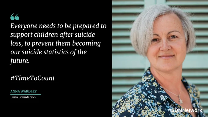 Quote saying "Everyone needs to be prepared to support children after suicide loss, to prevent them becoming our suicide statistics of the future. #TimeToCount" and an image of Anna Wardley behind a green background on the right.