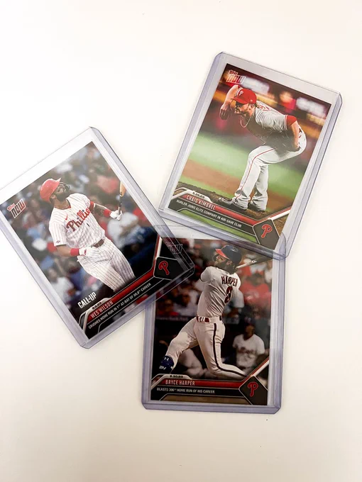 Photo of three baseball cards.  On the cards are Weston Wilson, Craig Kimbrel and Bryce Harper.