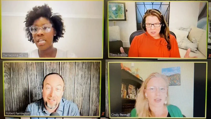 Image compilation from SABEW's Sept. 19 webinar “How College Students Can Set Up Their First Budget.” Has four headshots of the webinar talent of (clockwise from top left): Darreonna Davis of Forbes, Stacy Francis of Francis Financial, Cindy Perman who formerly worked for CNBC and WSJ and Robert Farrington of The College Investor.