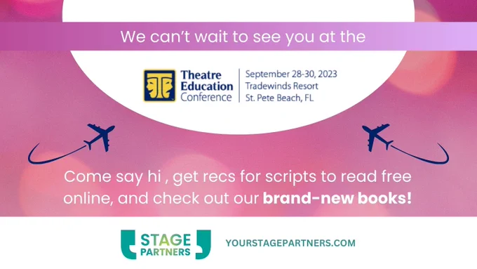 Text on patterned background with icons of airplanes - We can't wait to see you at the EDTA Theatre Education conference. Come say hi, get recs for scripts to read free online, and check out our brand-new books! yourstagepartners.com 