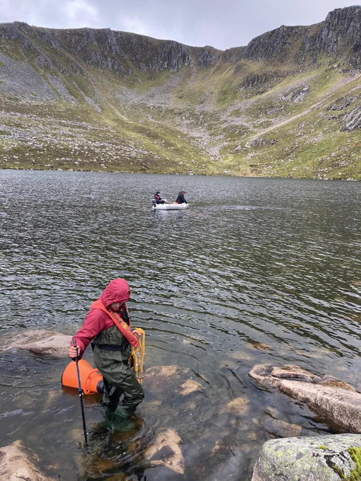 Surveying aquatic plants along the shore of Lochnagar