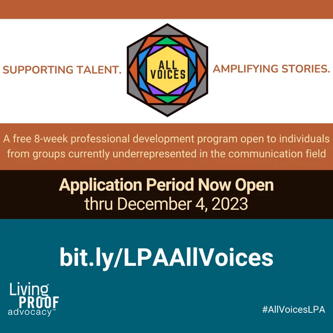 ALL VOICES logo. Application period now open thru December 4, 2023