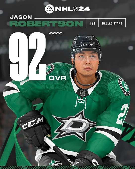 At the top is the EA SPORTS logo next to "NHL 24" with the NHL shield included. Below is "Jason Robertson" typed in white and green text with "#21" and "Dallas Stars" in white text over a blurred-out background.

Below is Robertson's character in the game donning a home Stars jersey with "92 overall" in big white text over his image.