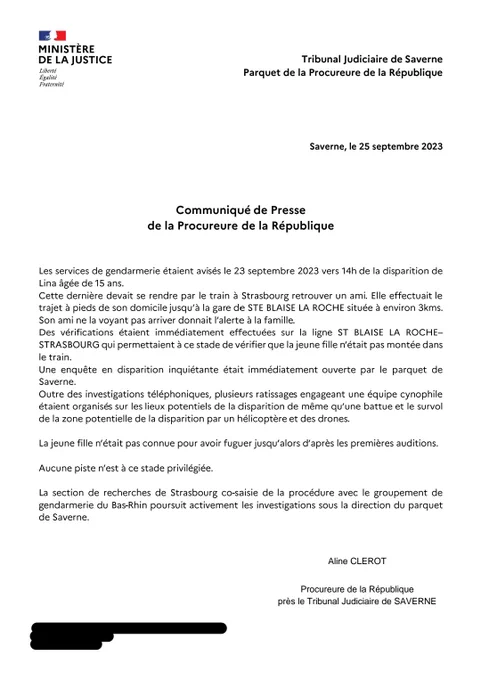 Communiqué de presse de Madame la Procureure de la République du Tribunal Judiciaire de Saverne. 