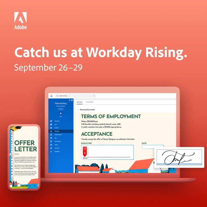 A graphic that says "Catch us at Workday Rising. September 26-29," plus images of a phone with an offer letter opened, a laptop with an employment contract open, and the Adobe logo.