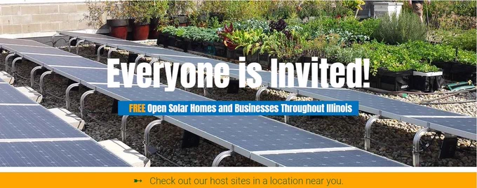 A picture of solar panels appears behind text that reads, "Everyone is Invited!" 