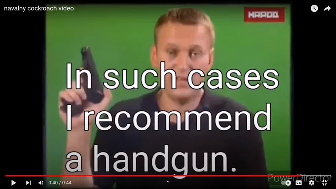 Screen shot from 2007 video made by far-right nationalist #Navalny in which he calls Chechens "giant cockroaches", shoots an actor dressed as a Muslim and calls for his audience to do the same to 'rid their homeland of insect infestations." Full video here: https://www.youtube.com/watch?v=hT0tCSaWZ9Q
