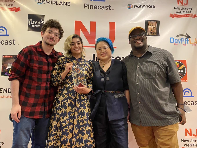 @cleric_34
@lilithttrpg
@scarydogfriend
@scholasticdragn 
all standing in front of the NJ Web Fest red carpet.
Photo taken by @rocketsandpens