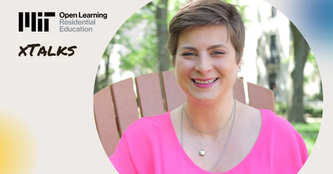 Graphic with headshot photo of Darcy Gordon. Logos for MIT Open Learning Residential Education and xTalks are in the top left corner.
