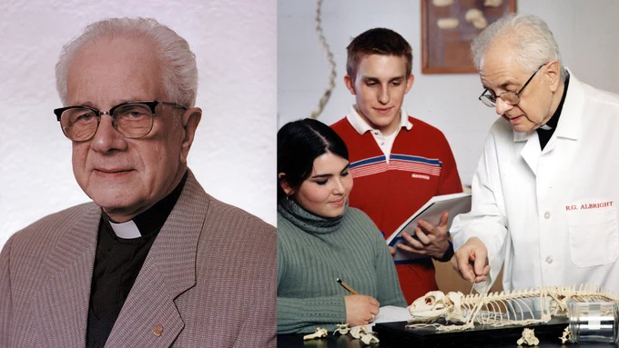 Photos of Fr. Albright on right and left, with two students he's teaching in the center of the photo inside of a classroom.