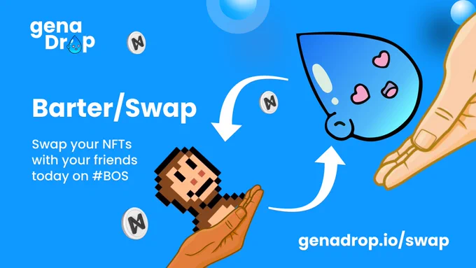 ♻️ NFT Swap / Barter
Special thanks to the @ASAC_NFT labs, who originally built this as @TheHavenDAO Havenswap. We added some features; socialDB, NFT details, & built this as decentralized dApp on #BOS.

🖼️ Try it out today to trade NFTs w/ ur homies  genadrop.io/swap