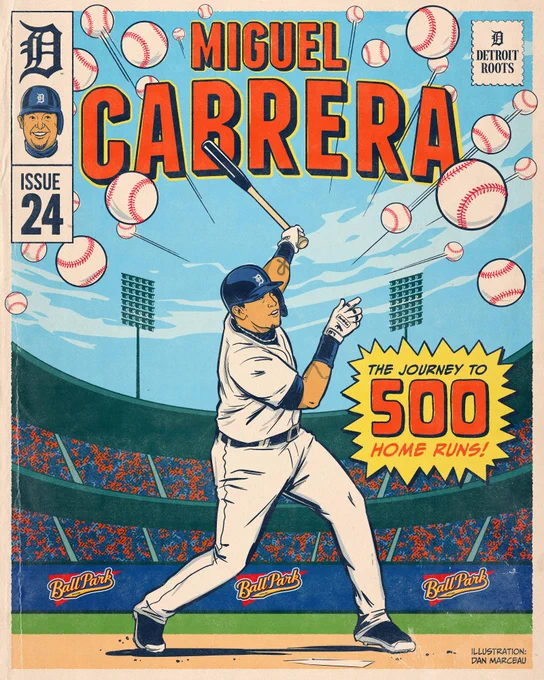 Stylized Miguel Cabrera comic book cover features Miggy swatting dozens of baseballs out of the park. Yellow text box reads "THE JOURNEY TO 500 HOME RUNS!"