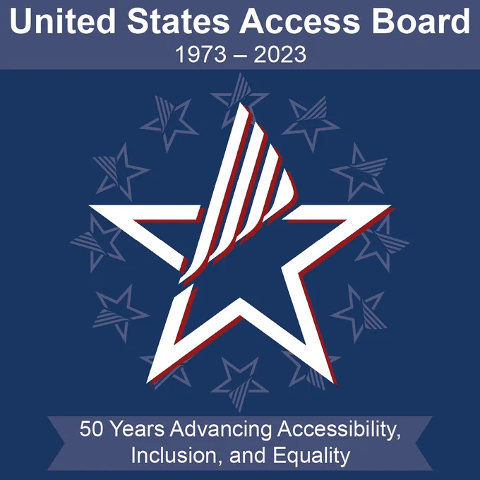 Graphic of the Access Board star logo in white and red over a blue background. A ring of 12 smaller grey stars surround the larger star in the center. Above, text reads, "United States Access Board, 1973 to 2023." Below, text reads, "50 years advancing accessibility, inclusion, and equality."