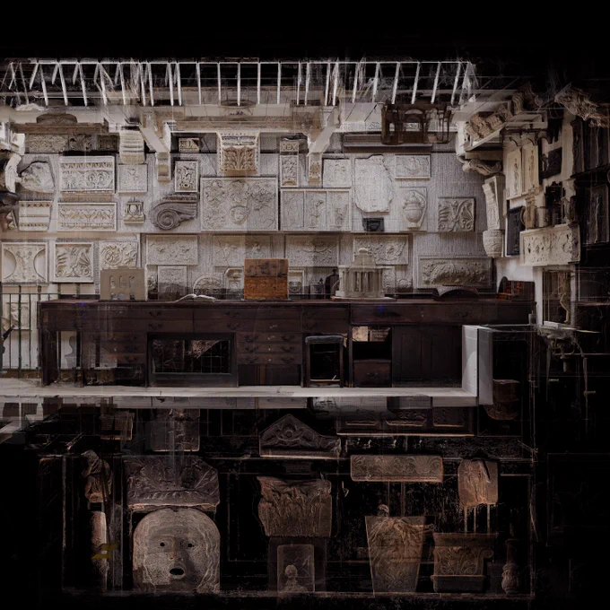 A scanned 'cut through' of the Office and the ground floor below, showing the walls covered in architectural casts at both levels, with the skylights high above.