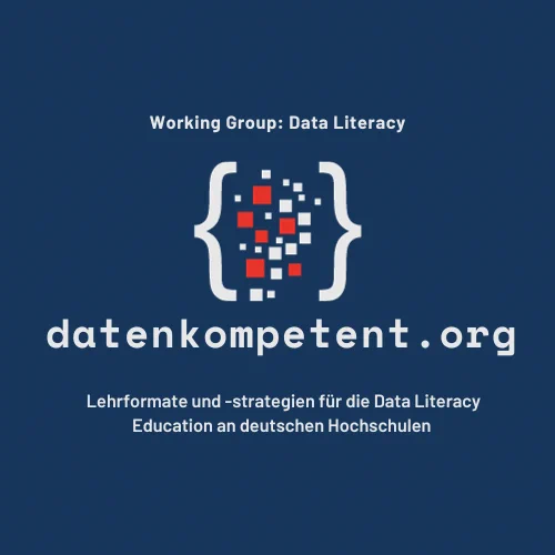 Rote und weiße Datenpunkte zwischen zwei Klammern. Darunter der Text "datenkompentent.org Lehrformate und -strategien für die Data Literacy Education an deutschen Hochschulen"