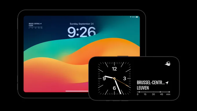 A composition of an iPad with a Railer widget on the Lock Screen, and an iPhone in landscape orientation, showing a Railer widget in StandBy.