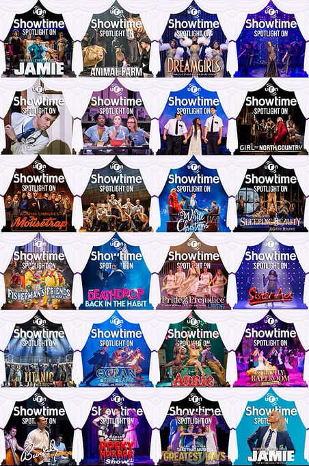 A collage of #SpotlightOn podcast images including shows like Everybody's Talking About Jamie, Waitress, Titanic, Annie and so many more!