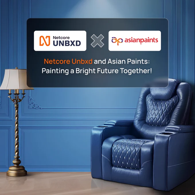 Netcore unbxd and Asian paints logo with a tagline Netcore and Asian Paints: Painting a Bright Future Together!