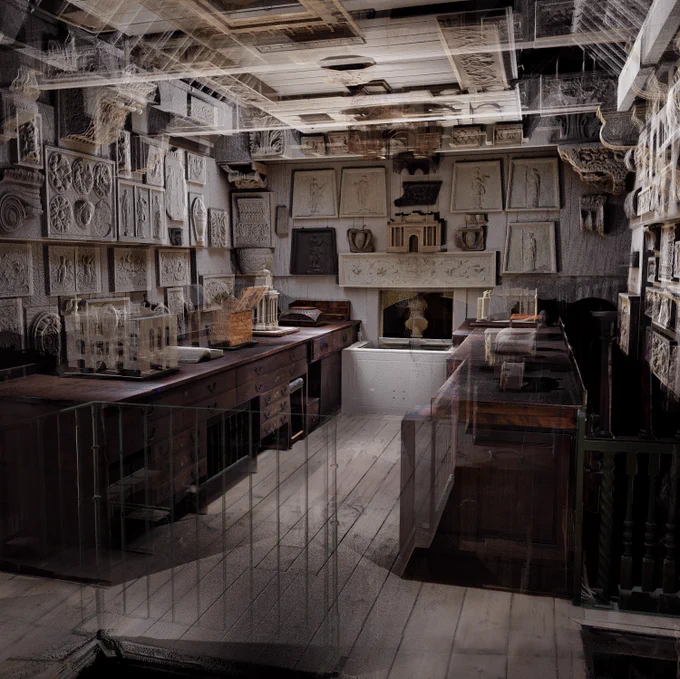 A 3D-scanned view of the Drawing Office, as seen from the top of the stairs facing west. Architectural models line the desks to the left and right.