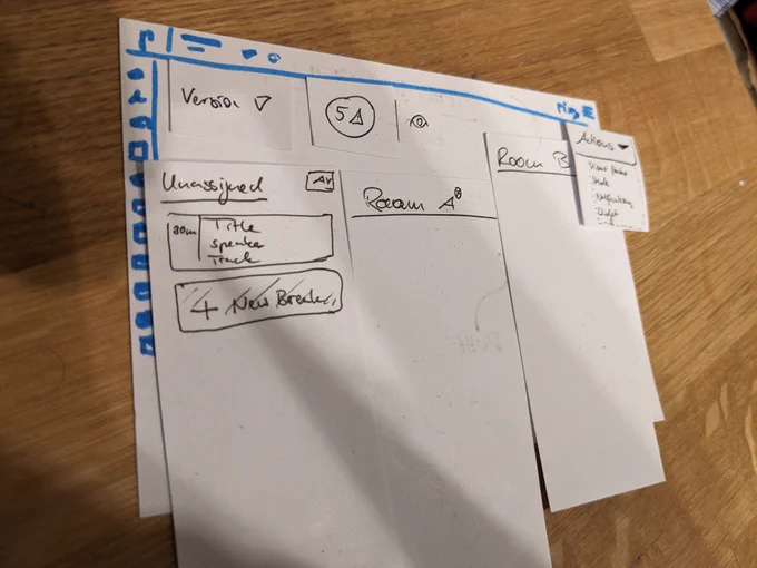 Paper cut into columns and menus, placed on a hand-drawn version of the pretalx interface, testing out where to put unscheduled talks, rooms, warnings etc.
