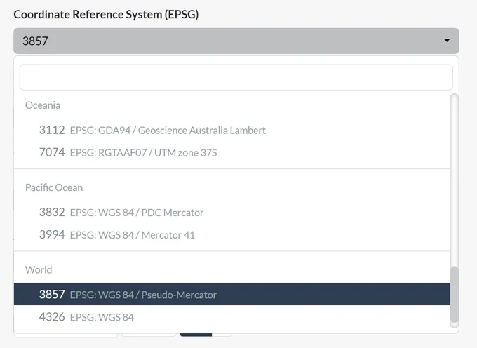 A screenshot showing the new coordinates reference system feature of categories for each projection. For example, projections for Europe can be found under the Europe category.