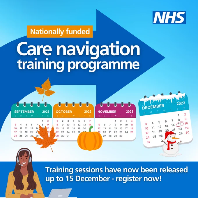 NHS logo top right. A blue arrow points right, with the wording: Nationally funded care navigation training programme. Below are four calendar pages - September to December, with images of autumnal leaves, a pumpkin, snow and a snowman around them. 

An image of a smiling woman wearing a headset sits next to the wording: training sessions have now been released up to 15 December - register now! 