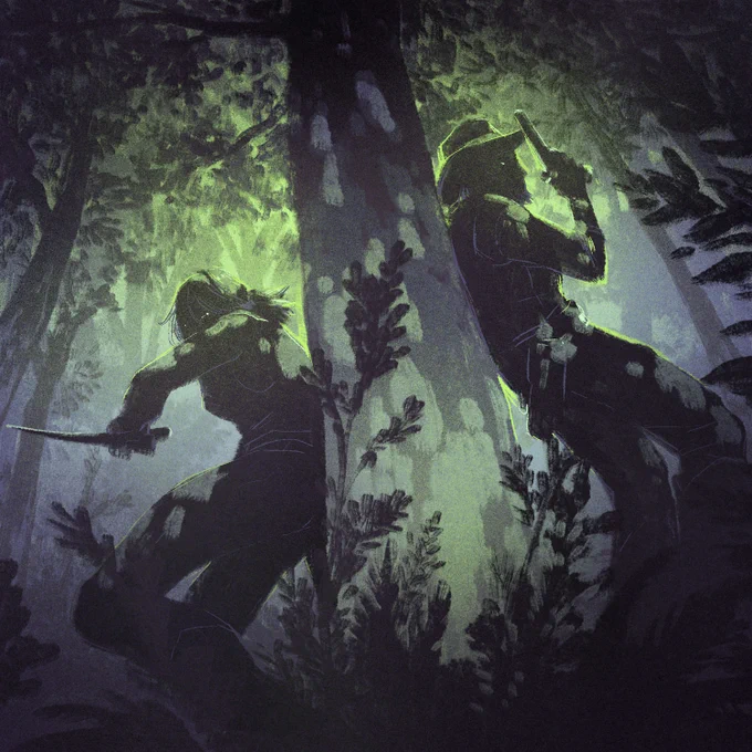 Two shadowy figures back to back against a tree in a dense, dark forest with an eerie green glow. One readying a knife while the other holds a pistol