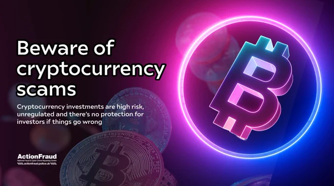 Image of a bitcoin. Text reads: Beware of cryptocurrency scams. cryptocurrency investments are high risk, unregulated and there's no protections for investors if things go wrong.