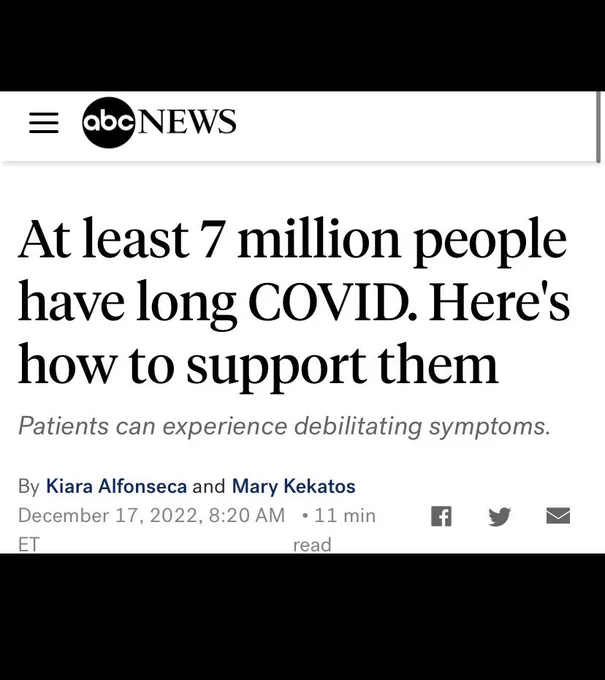 ABC News “At least 7 million people have long COVID. Here's how to support them
Patients can experience debilitating symptoms.”
ByKiara Alfonseca andMary Kekatos
December 17, 2022, 8:20 AM ET
• 11