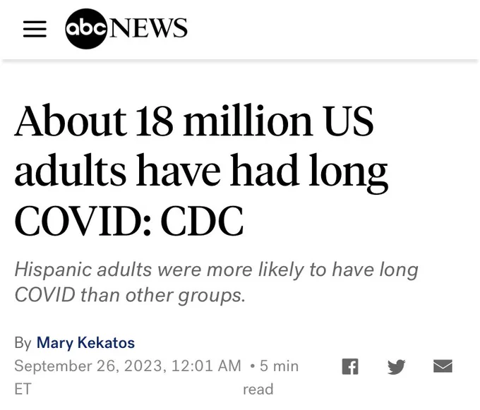 ABC: About 18 million US adults have had long COVID: CDC
Hispanic adults were more likely to have long COVID than other groups.
ByMary Kekatos
September 26, 2023, 12:01 AM ET
• 5 min read