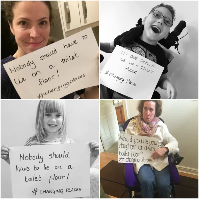 collage of campaigners holding signs that say "nobody should have to lie on a toilet floor" and "would you lie your daughter on a wet toilet floor?"