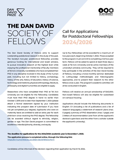 Information about the Dan David Society of Fellows call for applications for 2024 postdoctoral fellowships. 