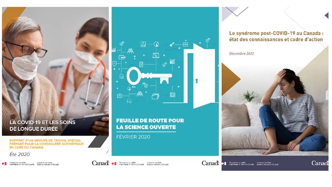 Des couvertures de différents rapports publiés par le Bureau de la conseillère scientifique en chef. 
De gauche à droite: 

La COVID-19 et les soins de longue durée

Feuille de route pour la science ouverte

Le syndrome post-COVID-19 au Canada : état des connaissances et cadre d’action