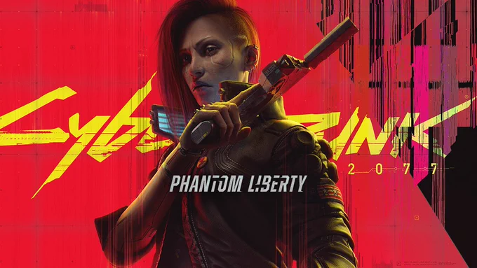 Poster for the upcoming expansion to Cyberpunk 2077 - Phantom Liberty. Cyberpunk 2077 logo in yellow on a red, glitching background, with the main character V in front. The words 'Phantom Liberty' are showing slightly below. 
