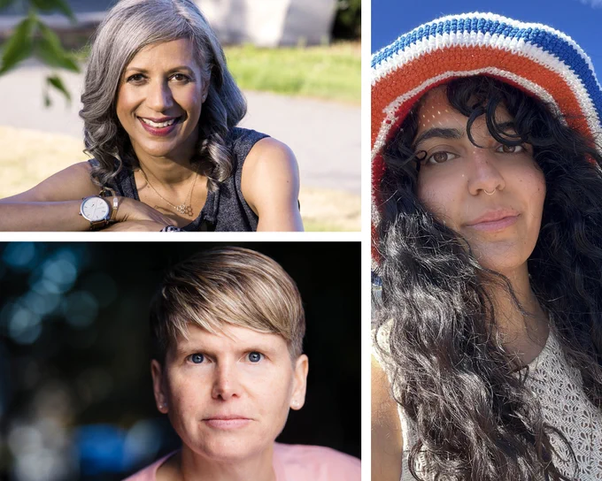 Authors pictured, clockwise from top left: Renee Sarojini Saklikar, Jen Currin, and Nina Mosall.