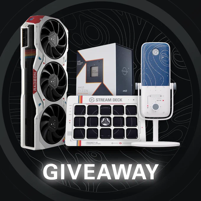 Image with black and gray topography lines in the background. At the bottom of the image there is white text that says GIVEAWAY. Above the giveaway text is a Starfield-Edition creator bundle collage with one Wave:3 microphone, one Stream Deck, one AMD Radeon RX 7900 XTX GPU, and one AMD Ryzen 7 7800X3D CPU in a box.