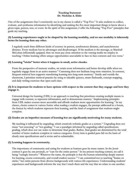 First page enumerating five principles that guide my teaching.