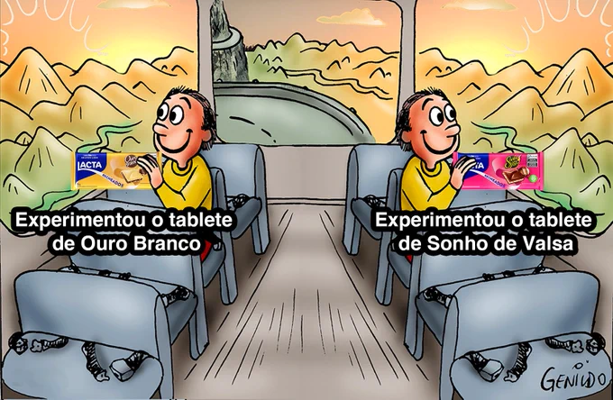 A ilustração representa um meme clássico da internet, que temos o mesmo menino sentado à janela do ônibus dos dois lados. Na nossa imagem, ele está feliz olhando para a janela nas duas versões, tanto à esquerda quanto a direita. À esquerda ele está segurando um tablete de Ouro Branco e à direita o de Sonho de Valsa.