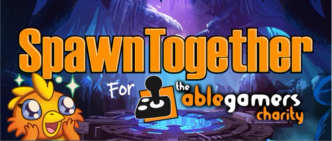 A cartoon background of a cave and text that says 'SpawnTogether' with the AbleGamers Charity logo under the text. The Steven Spohn cartoon chicken is in the lower left corner of the image.