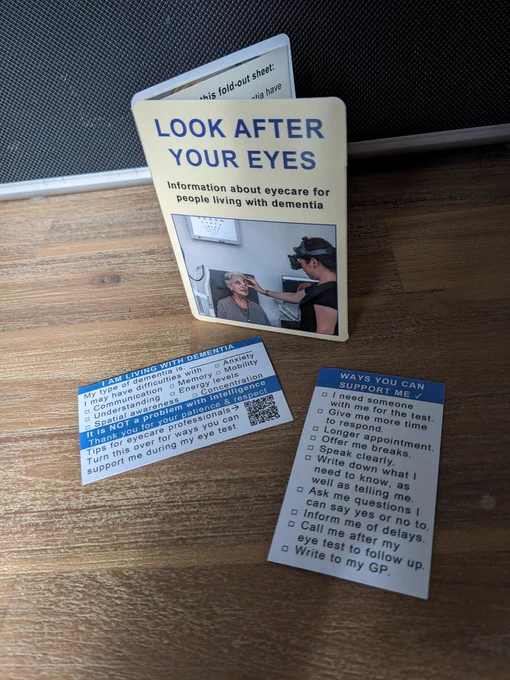 Information booklet about eye tests for people with dementia, and both sides of a pocket card to discreetly declare a dementia diagnosis to the Optometrist and signal strategies that may help during the eye test.