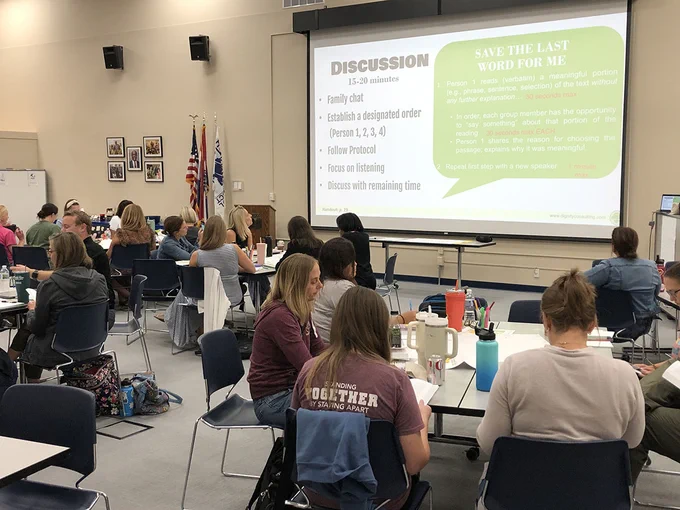 A wide view of Rockwood administrators and staff at the district's "Belonging through a Culture of Dignity" training.