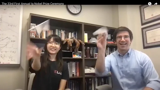 Faye and Dan throwing paper airplanes, an Ig Nobel tradition.