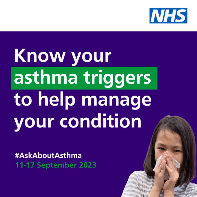 An image of a young girl coughing into a tissue. Text reads: Know your child’s asthma triggers to help manage their condition. #AskAboutAsthma. 11-17 September 2023