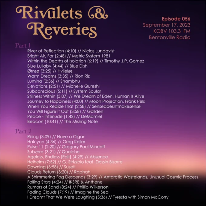 River of Reflection (4:10) // Niclas Lundqvist
Bright Air, Far (2:48) // Metric System 1981
Within the Depths of Isolation (6:19) // Timothy J.P. Gomez
Blue Lullaby (4:44) // Blue Dish
Ørnsø (3:25) // Hvileløs
Warm Dreams (3:35) // Rion Riz
Lumina (2:36) // Shambhu
Elevations (2:51) // Michelle Qureshi
Subconscious (5:11) // System Soular
Stillness Within (3:07) // We Dream of Eden, Human Is Alive
Journey to Happiness (4:00) // Moon Projection, Frank Pels
When You Realize That (2:58) // Sensedoesntmakesense
You Will Figure It Out (3:58) // Gollden
Peace - Interlude (1:42) // DeMamiel
Beacon (10:41) // The Missing Note

Rising (3:09) // Have a Cigar
Halcyon (4:36) // Greg Keller
Pulse 11 (2:20) // Gregory Paul Mineeff
Subzero (3:21) // Quelche
Ageless, Endless [Edit] (4:29) // Absence
Helheim (7:52) // G. Strizzolo feat. Dessin Bizarre
Dawning (3:58) // Suseti
Clouds Return (3:20) // Raphah
A Shimmering Fog Descends (3:29) // Antarctic Wastelands, Unusual Cosmic Process
Falling Stars (4