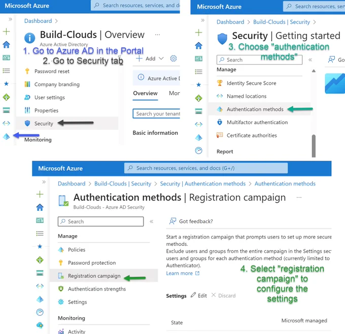 Picture shows how go to the Registration campaign bladein the Azure AD for customization of this settings.