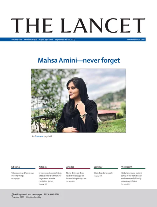 Cover of The Lancet, Sept 16 2023 issue. A line, "Mahsa Amini—never forget", above a photo of Mahsa. Copyright © 2023 Amini family.