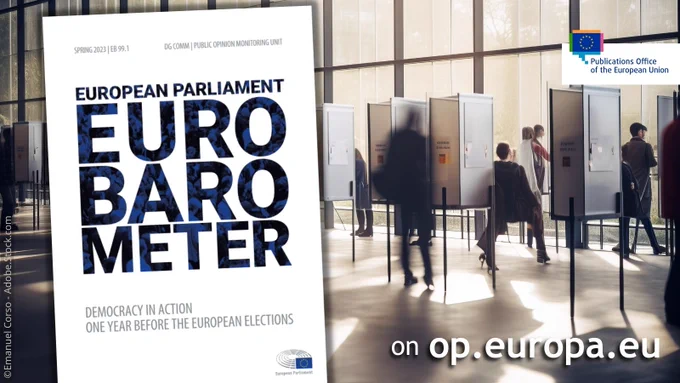 On the left there is the coverpage of the publication 'European Parliament Eurobarometer: Democracy in action one year before the European elections'. On the right and behind we see people voting at a polling station. 
