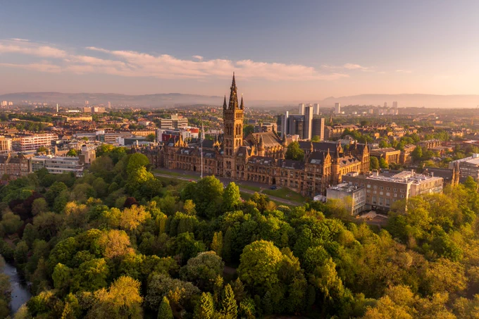 University of Glasgow Gilmorehill Campus captured from the South Front of the Gilbert Scott Building with the surrounding landscape of the West End of Glasgow and Kelvingrove Park. 