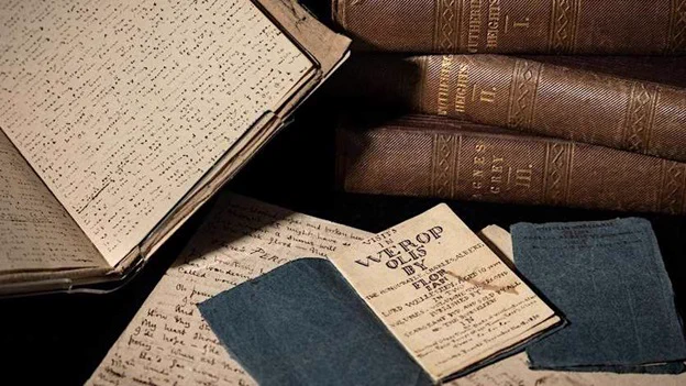 A photograph of some of the Brontë books and manuscripts from the Blavatnik Honresfield Library on display in the exhibition.