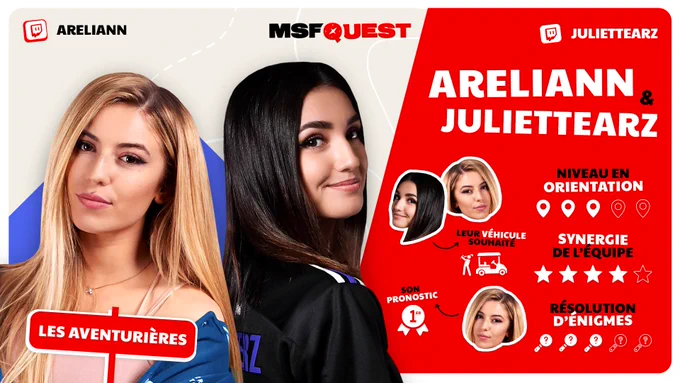Visuel annonçant Areliann et JulietteArz comme troisième équipe de MSFQuest, elles ont un niveau de 3/5 en orientation, 4/5 en synergie d'équipe et 3/5 en résolution d'énigme. Elles souhaitent avoir une voiturette de golf pour la course et Areliann vise la première place.